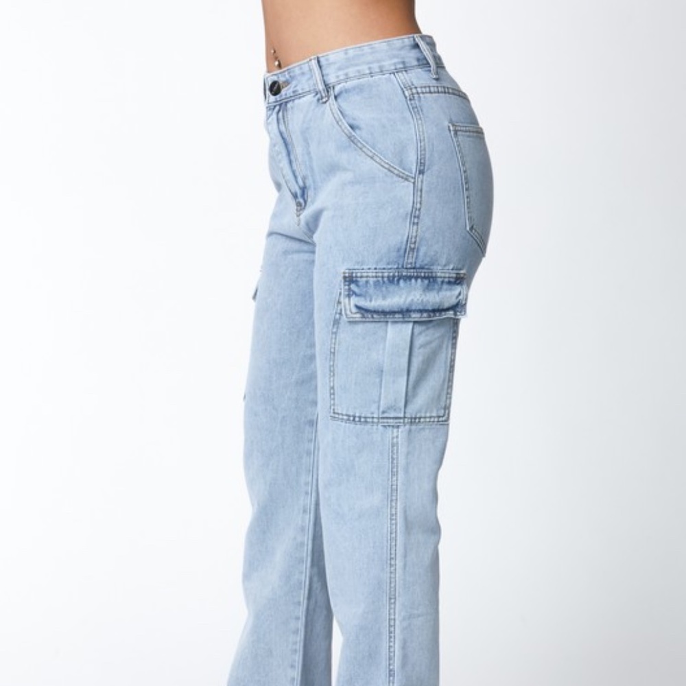 High Waisted Denim Boyfriend Wide Leg Cargo Jeans